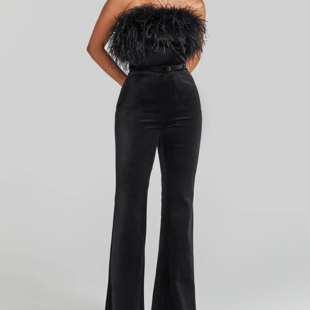 NADINE MERABI COLETTE BLACK FEATHER JUMPSUIT